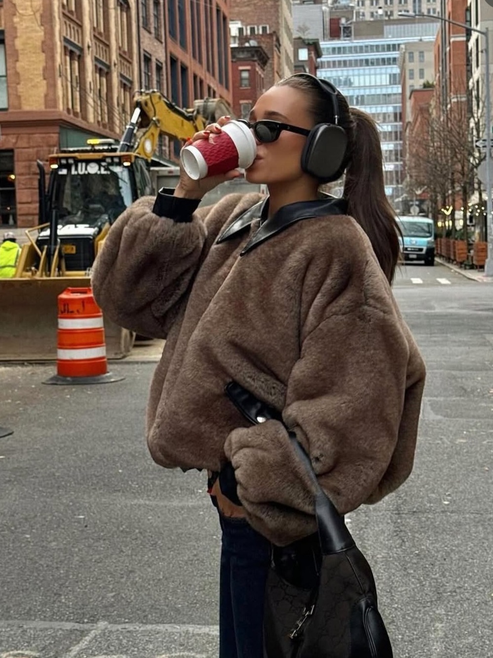 WeWoreWhat Brown Faux Fur Bomber Jacket with Black Trim